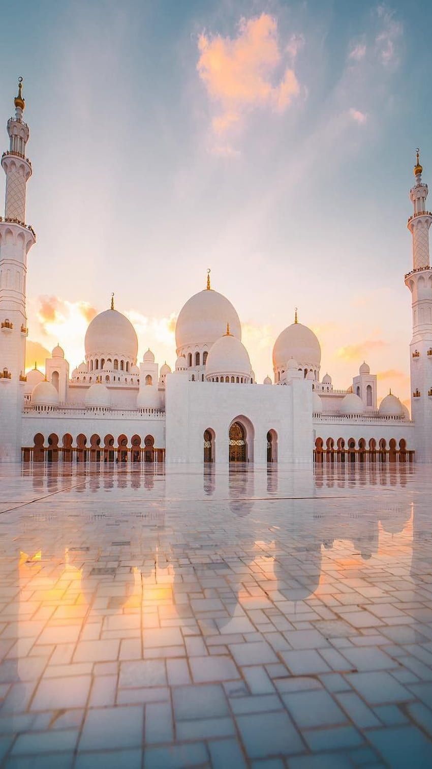 Scheich-Zayid-Moschee, Abu Dhabi, Spiegelung, Sonnenuntergang, Weiße Kuppeln, Smartphone-Hintergrund