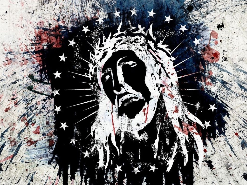 Jesus Christus, Dornenkrone, Sterne, Tintenspritzer, Schwarz-Weiß, Grafik, Hintergrundbild fürs Tablet