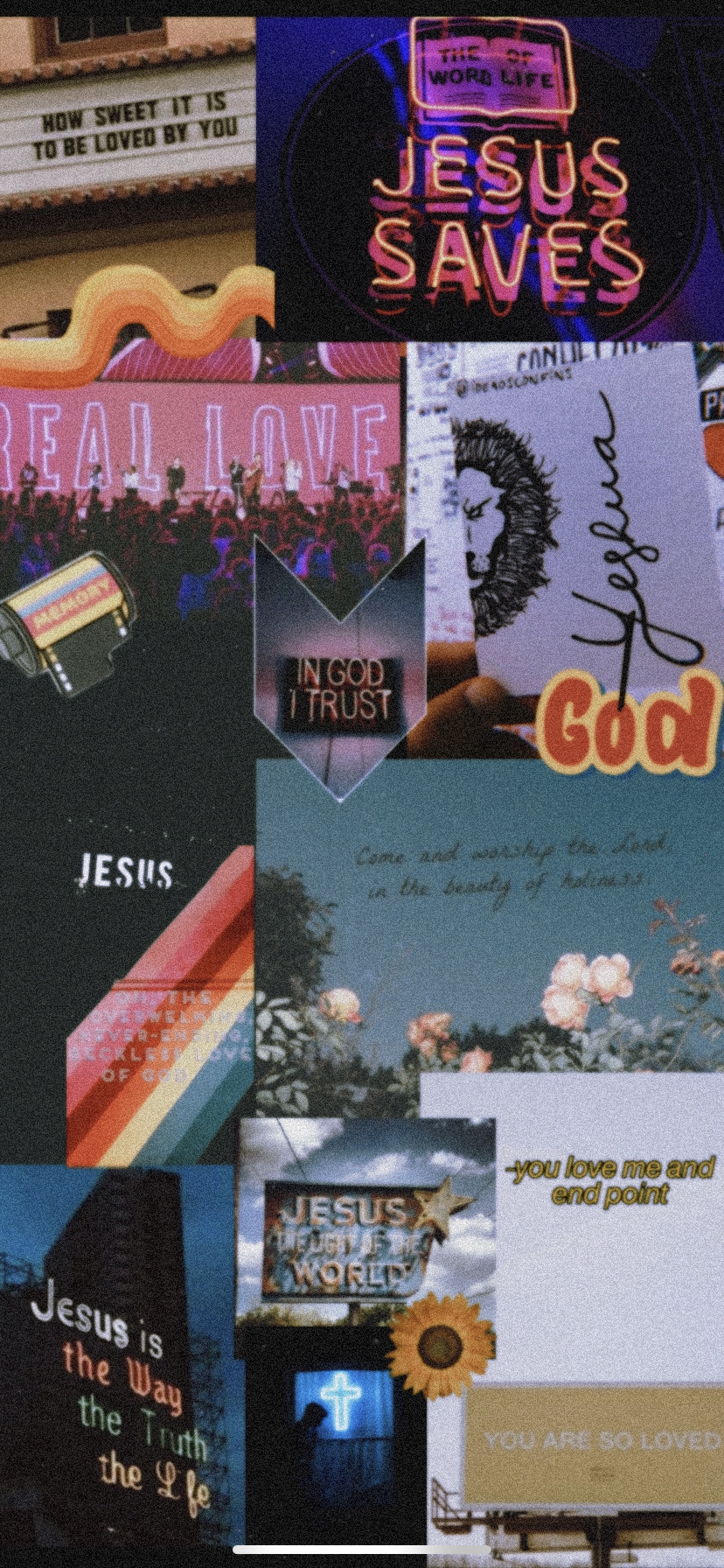 Collage, Jesus saves, Neon, Retro, Christliche Zitate, Hochformat, Hintergrundbild fürs Smartphone