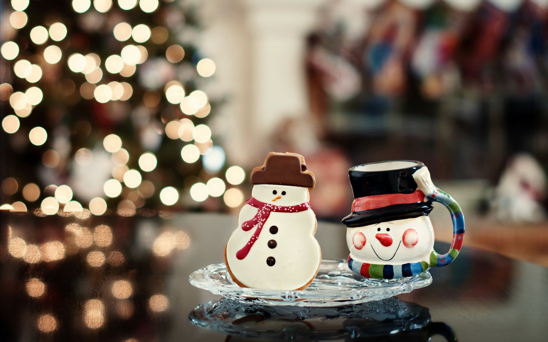 Schneemann-Tassen, Bokeh, Weihnachtsbaum, Lichter, Gemütlich, Full HD, Breitbild-Hintergrundbild
