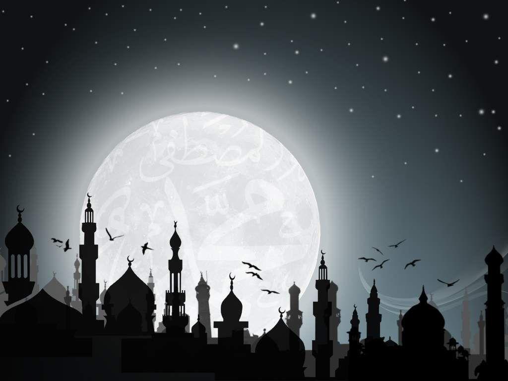 Moschee, Silhouette, Vollmond, Vögel, Nachthimmel, Sterne, Hintergrundbild fürs Tablet