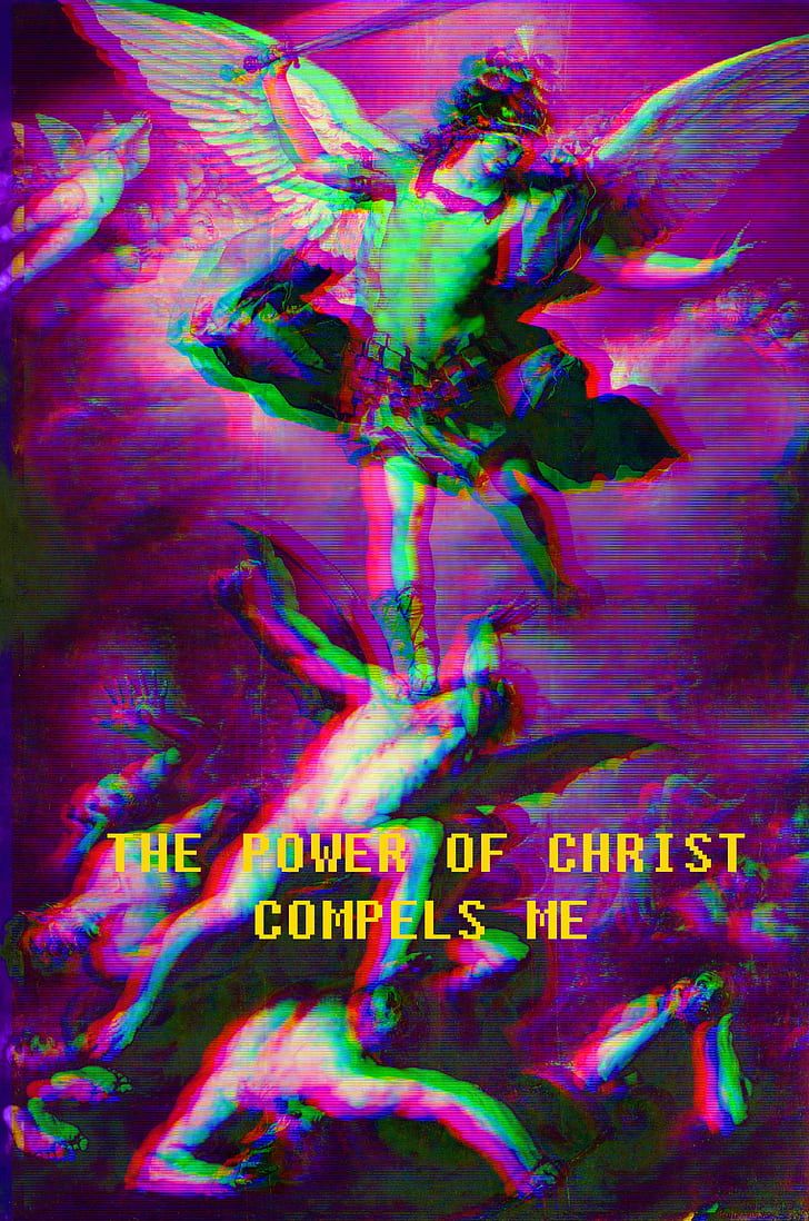 The power of Christ compels me, Engel, Glitch-Effekt, Lila, Neon, HD, Handy-Hintergrundbild