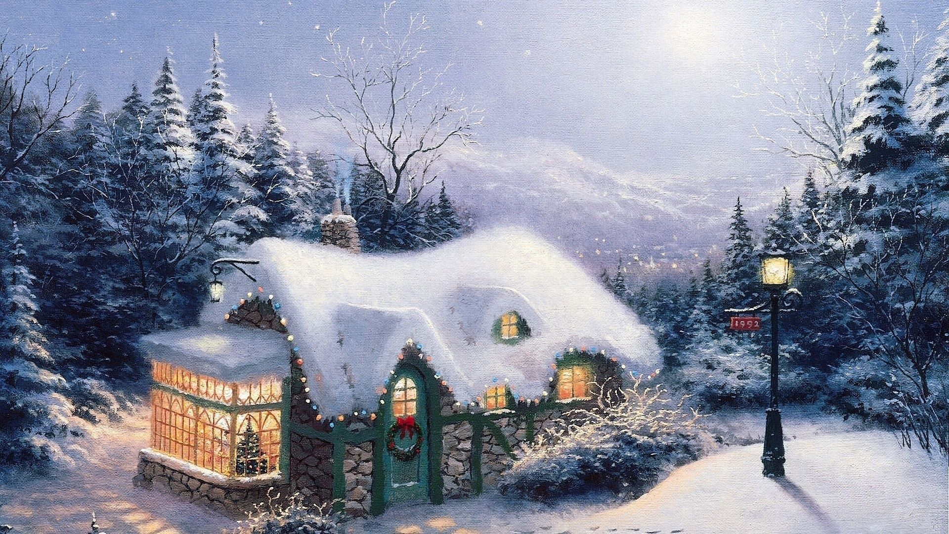 Thomas Kinkade, Verschneites Häuschen, Winterwald, Laterne, Gemälde, Schnee, Full-HD-Hintergrundbild