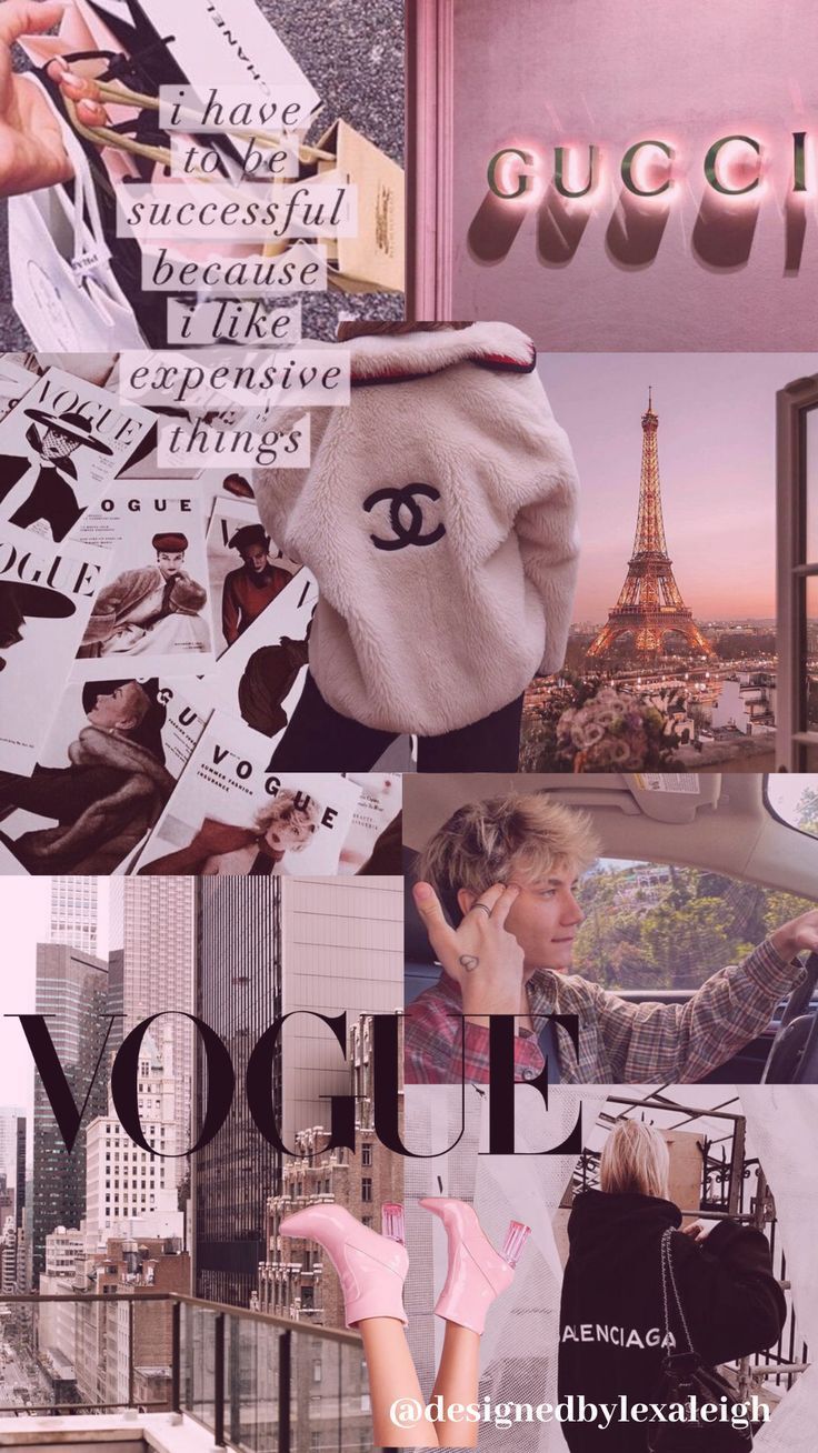 Vogue, Gucci, Chanel, Eiffelturm, Collage, Mode, HD, Handy-Hintergrund im Hochformat