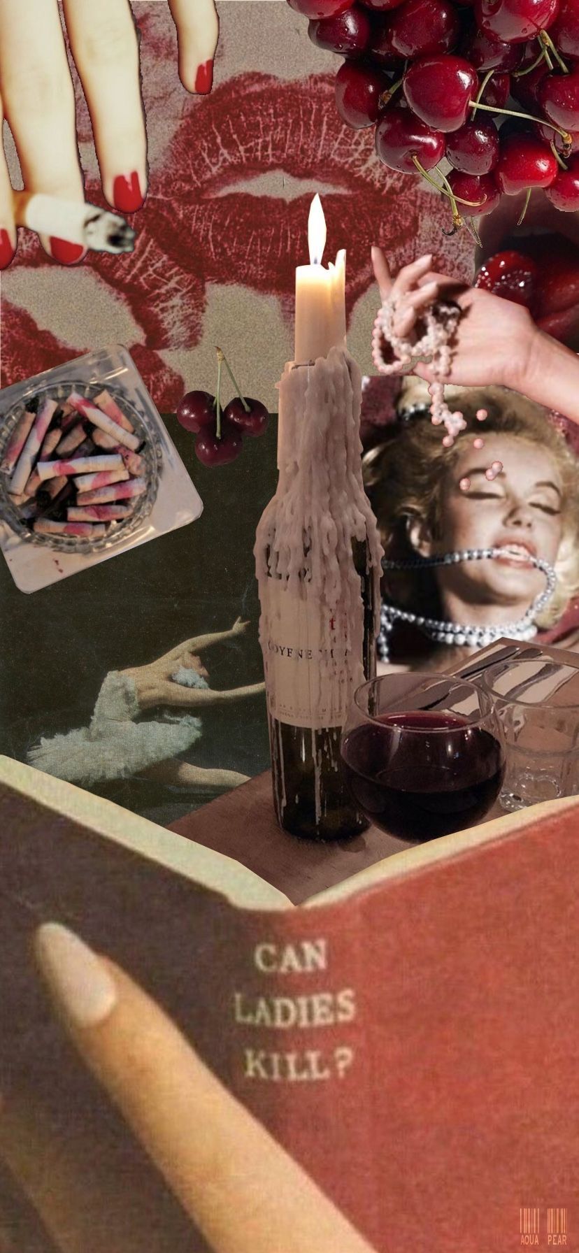 Kerze, Buch, Collage, Vintage, Dunkelrot, Hochformat, Hintergrundbild fürs Smartphone