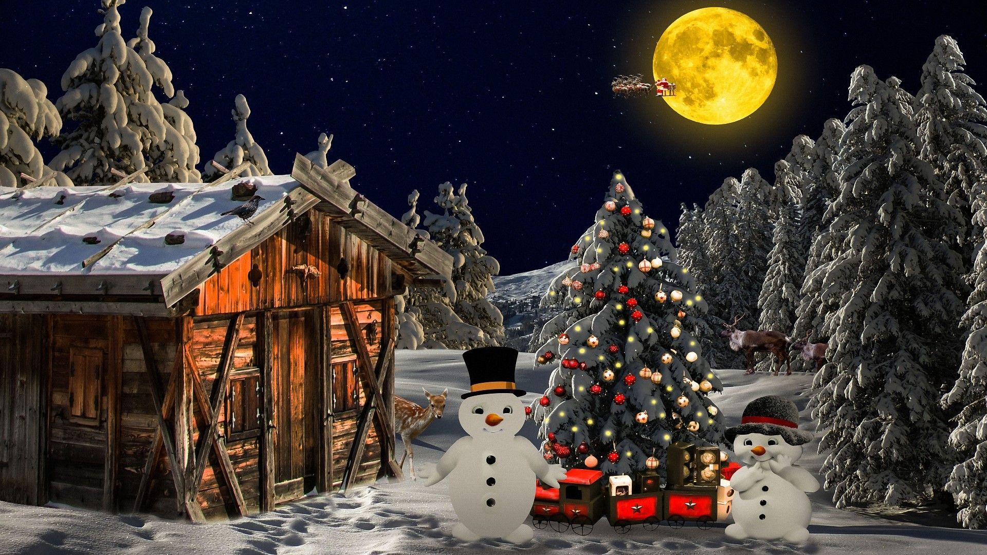 Holzhütte, Weihnachtsbaum, Schneemänner, Vollmond, Winternacht, Full HD, Desktop-Hintergrund
