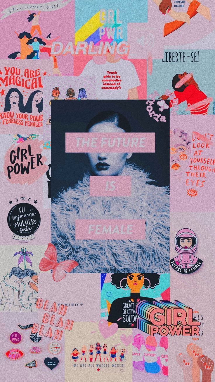 Collage, Girl Power, Sticker, Rosa, Bunt, Hochformat, Hintergrundbild fürs Smartphone