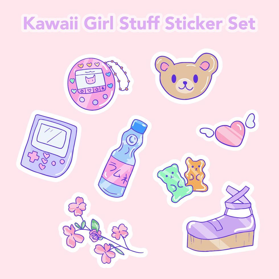 Kawaii, Sticker-Set, Tamagotchi, Teddybär, Gummibärchen, Plateauschuh, Pastellrosa, Tablet-Hintergrundbild