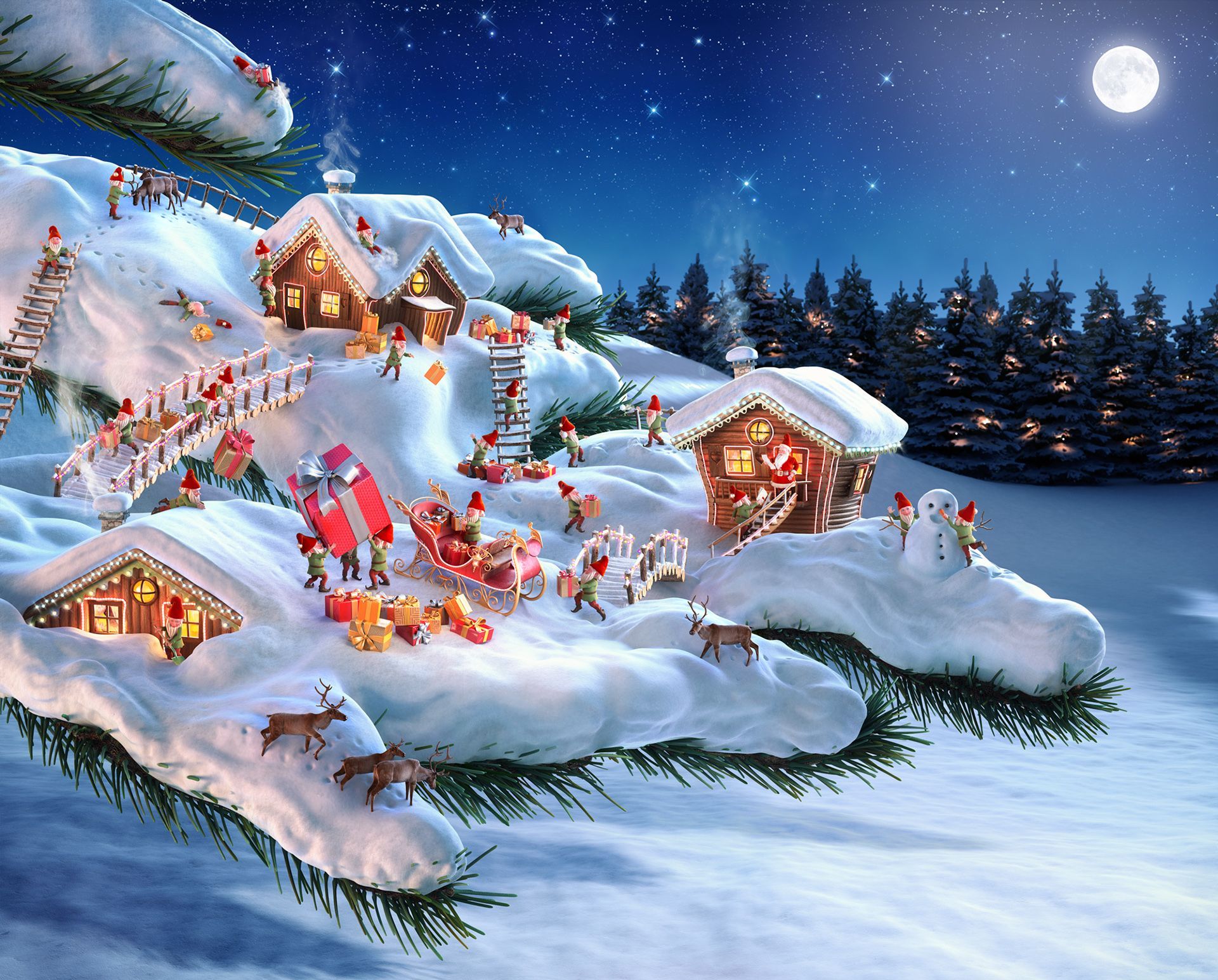 Weihnachtsdorf, Lebkuchenhäuser, Schnee, Vollmond, Miniatur, Full-HD-Hintergrundbild für PC