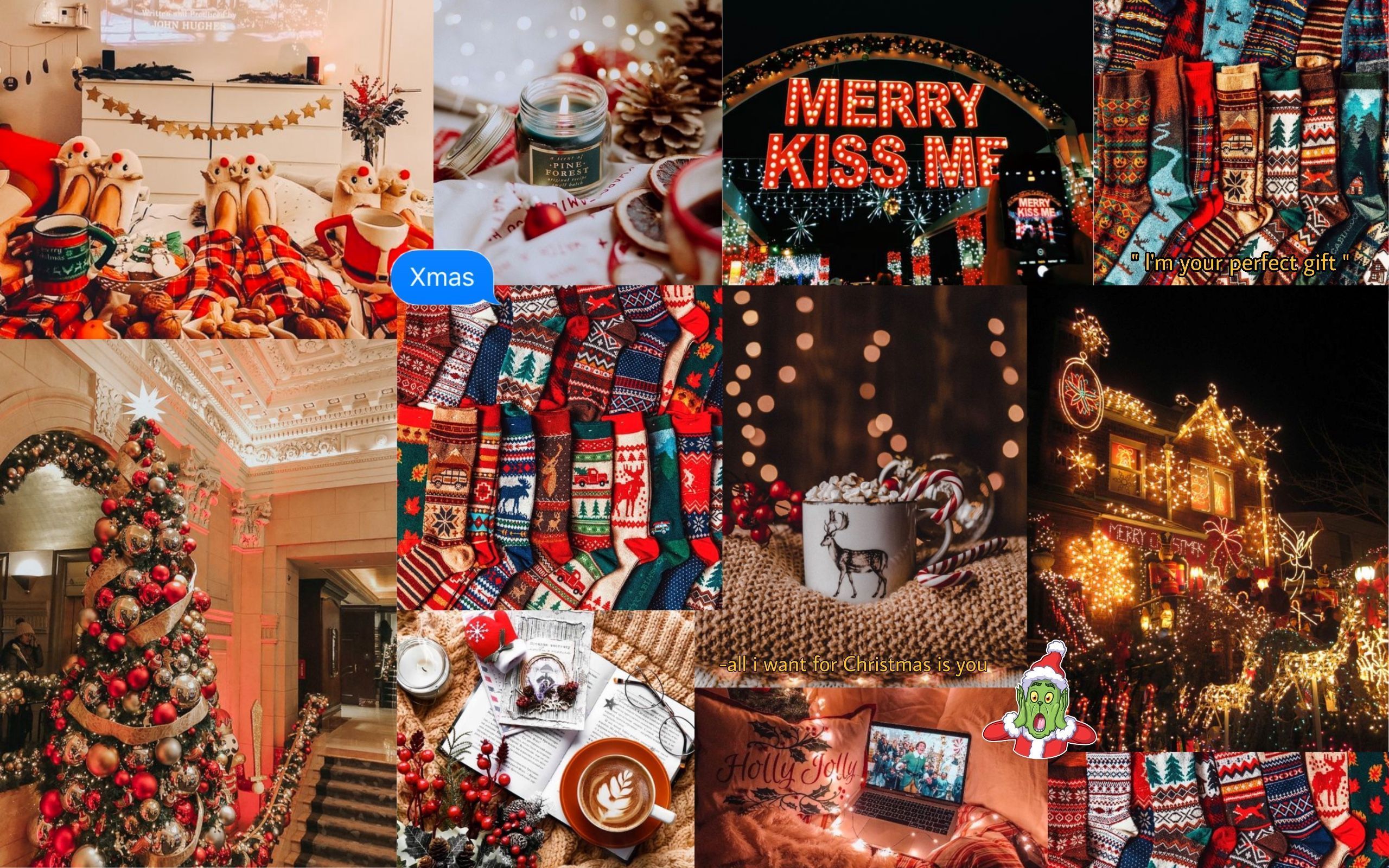 Collage, Merry Kiss Me, Weihnachtsdekoration, Weihnachtsbaum, Gemütlich, 2K, Breitbild-Hintergrundbild