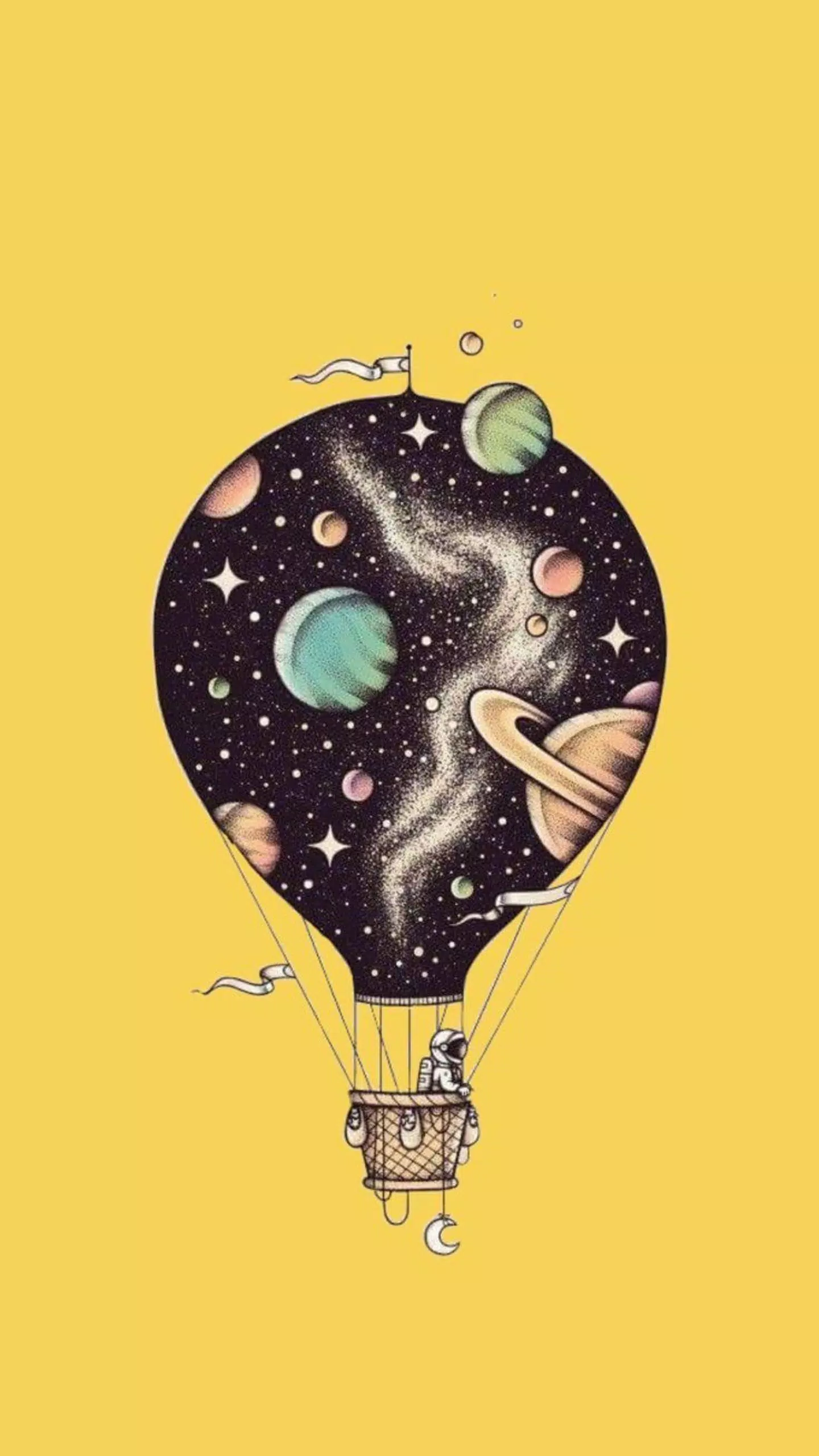 Heißluftballon, Weltall, Planeten, Gelber Hintergrund, Illustration, Sperrbildschirm fürs iPhone