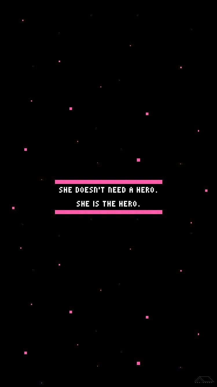 She doesn't need a hero, Spruch, Schwarzer Hintergrund, Sterne, Pink, Sperrbildschirm fürs iPhone