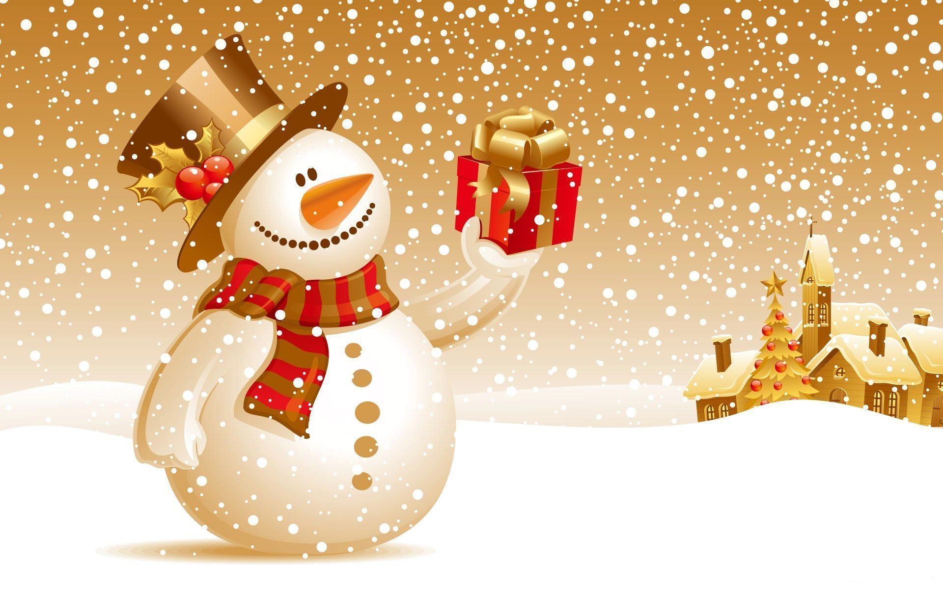 Schneemann, Zylinder, Geschenk, Schneefall, Illustration, Gold, Full HD, MacBook-Hintergrundbild