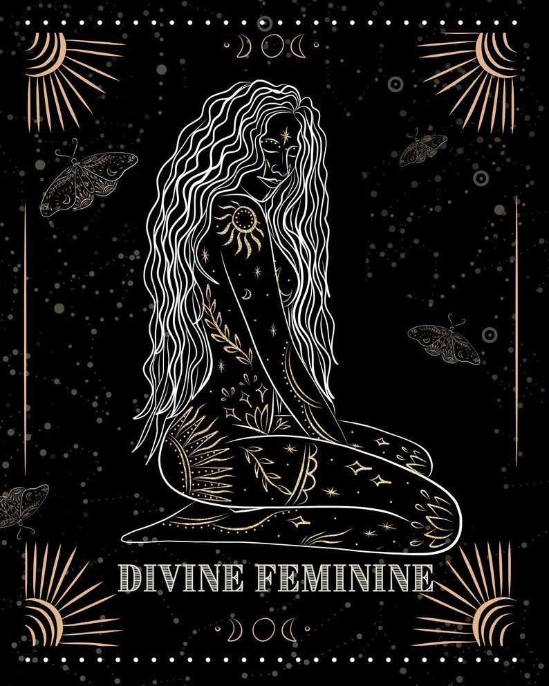 Divine Feminine, Göttin, Line Art, Schwarz-Gold, Mystisch, HD, Tablet-Hintergrund