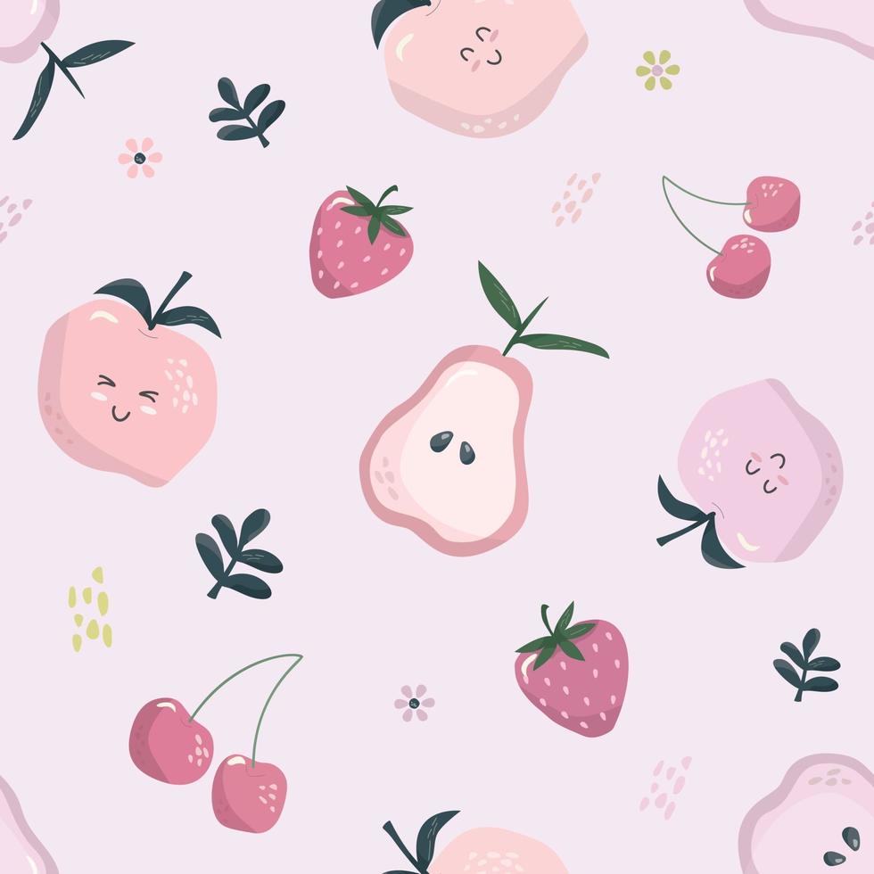 Obst-Muster, Erdbeeren, Kirschen, Pfirsich, Kawaii, Pastellrosa, Hintergrundbild fürs iPad