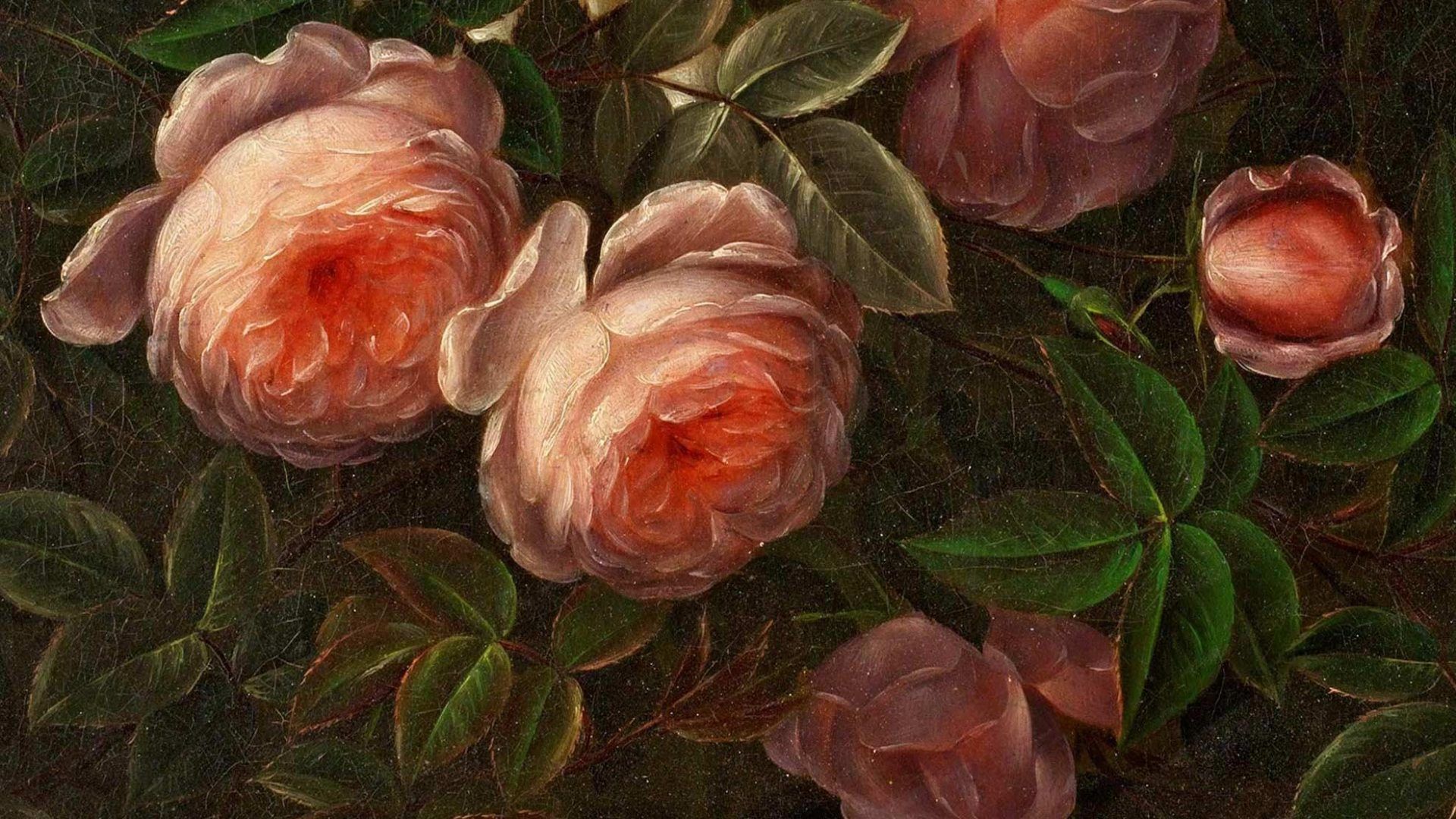 Rosen, Ölgemälde, Blätter, Vintage, Dunkelgrün, Full HD, Desktop-Hintergrund für Windows