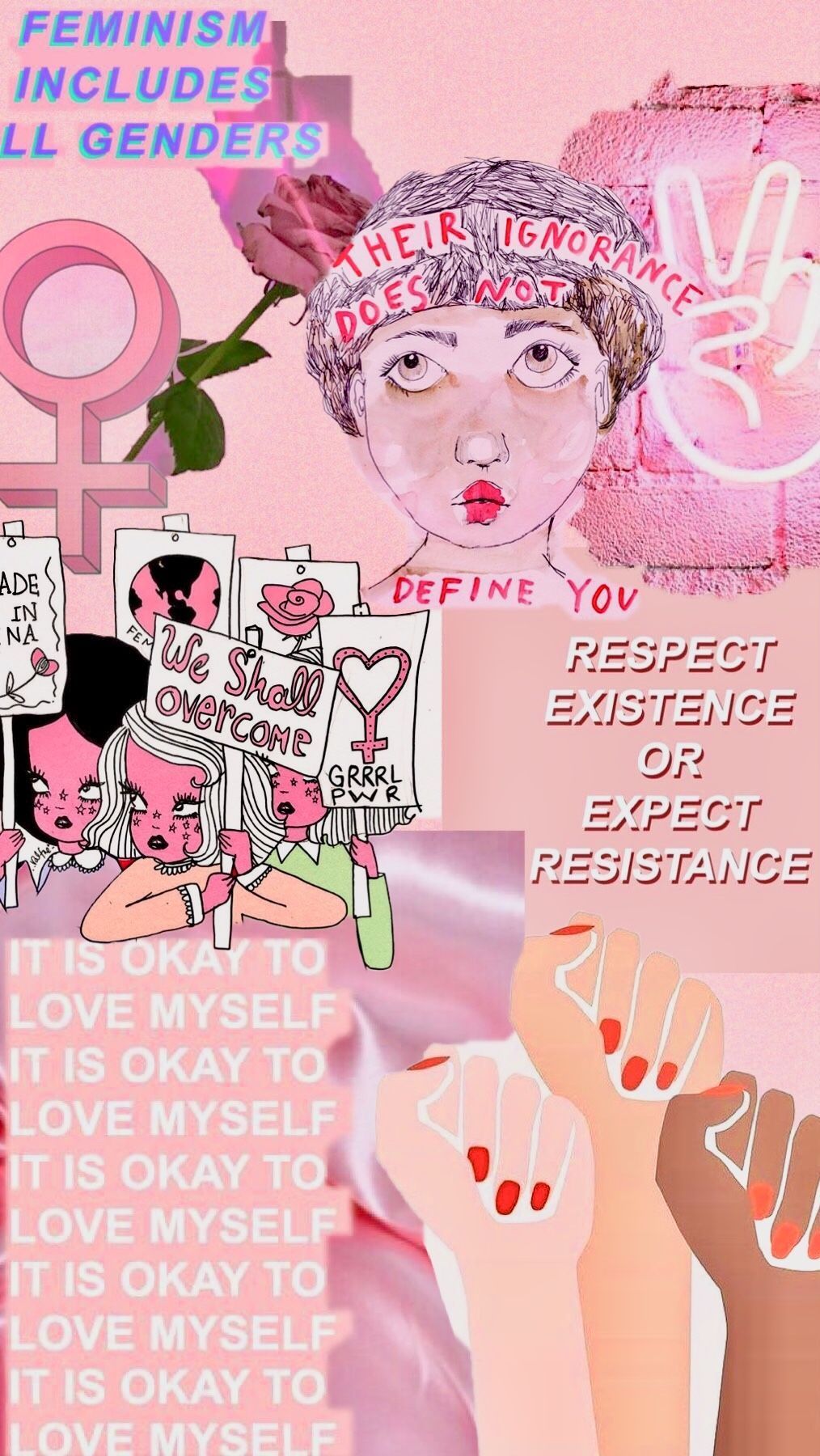 Collage, Feminism includes all genders, Venussymbol, Rosa, Sprüche, HD, iPhone-Hintergrundbild