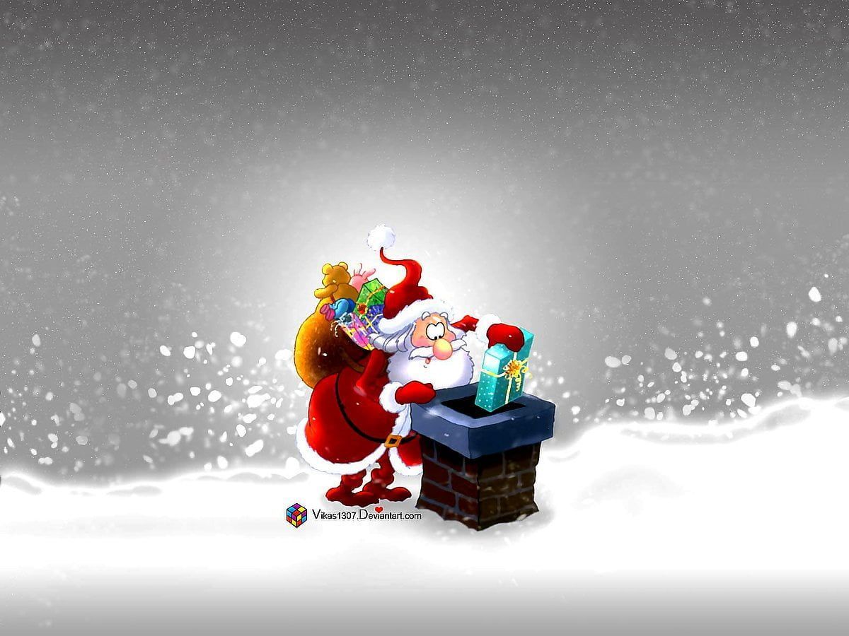 Weihnachtsmann, Schornstein, Geschenksack, Schneefall, Grauer Hintergrund, Wallpaper