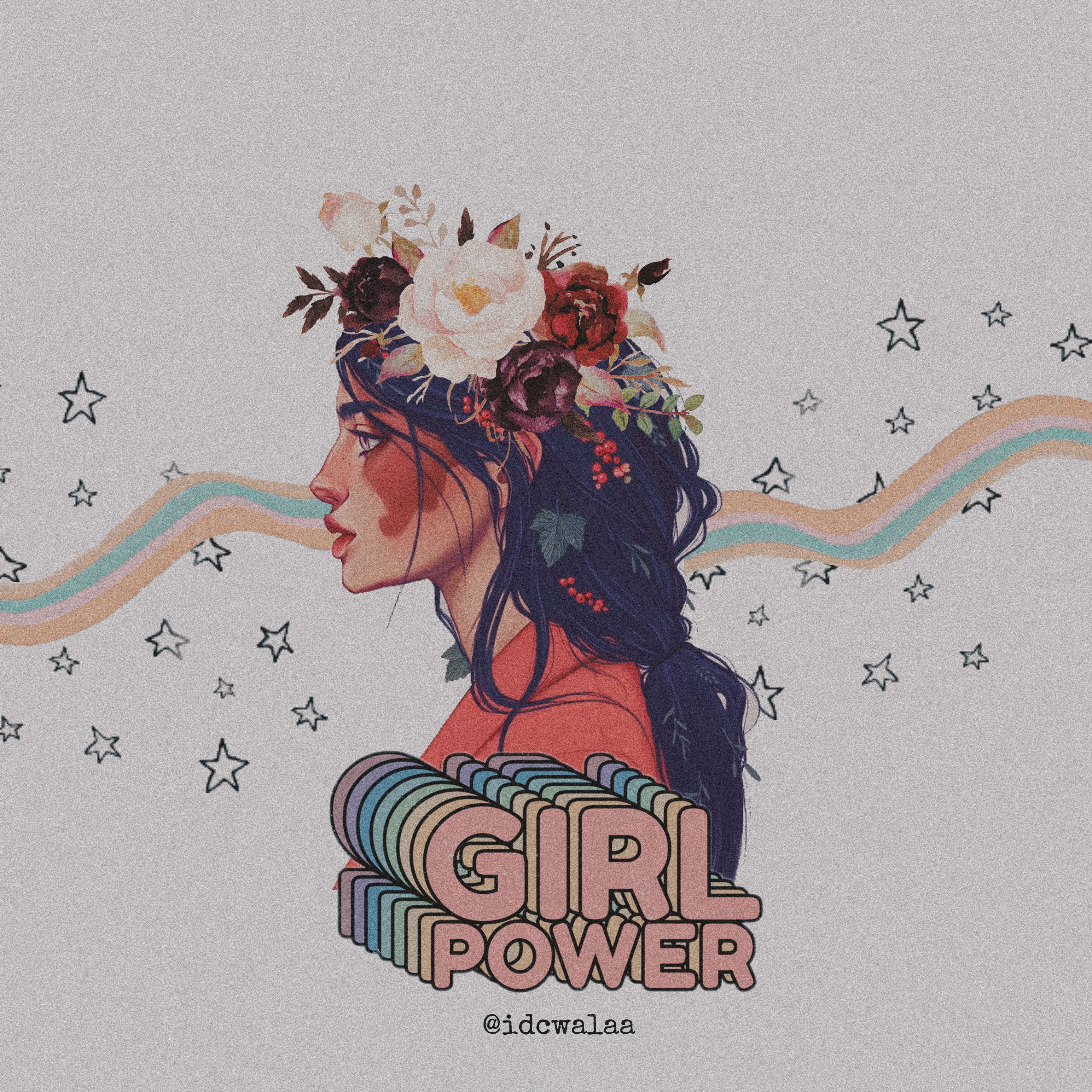 Girl Power, Frau, Blumenkrone, Regenbogen, Sterne, 2K, iPad-Hintergrundbild
