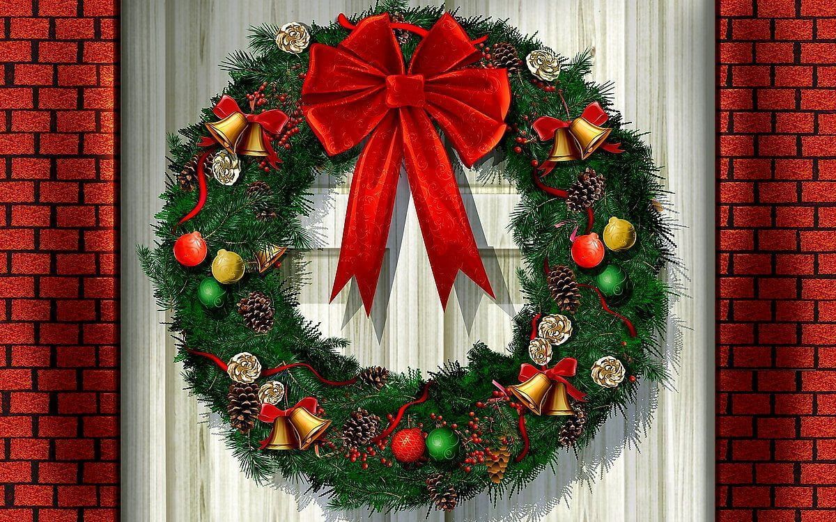Adventskranz, Rote Schleife, Tür, Glöckchen, Backsteinwand, Hintergrundbild