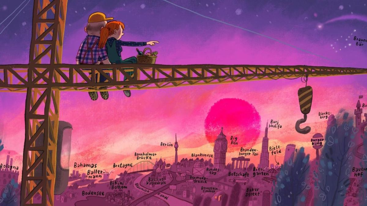 Illustration, Pärchen, Baukran, Stadtsilhouette, Sonnenuntergang, Pink, Lila Himmel, Hintergrundbild