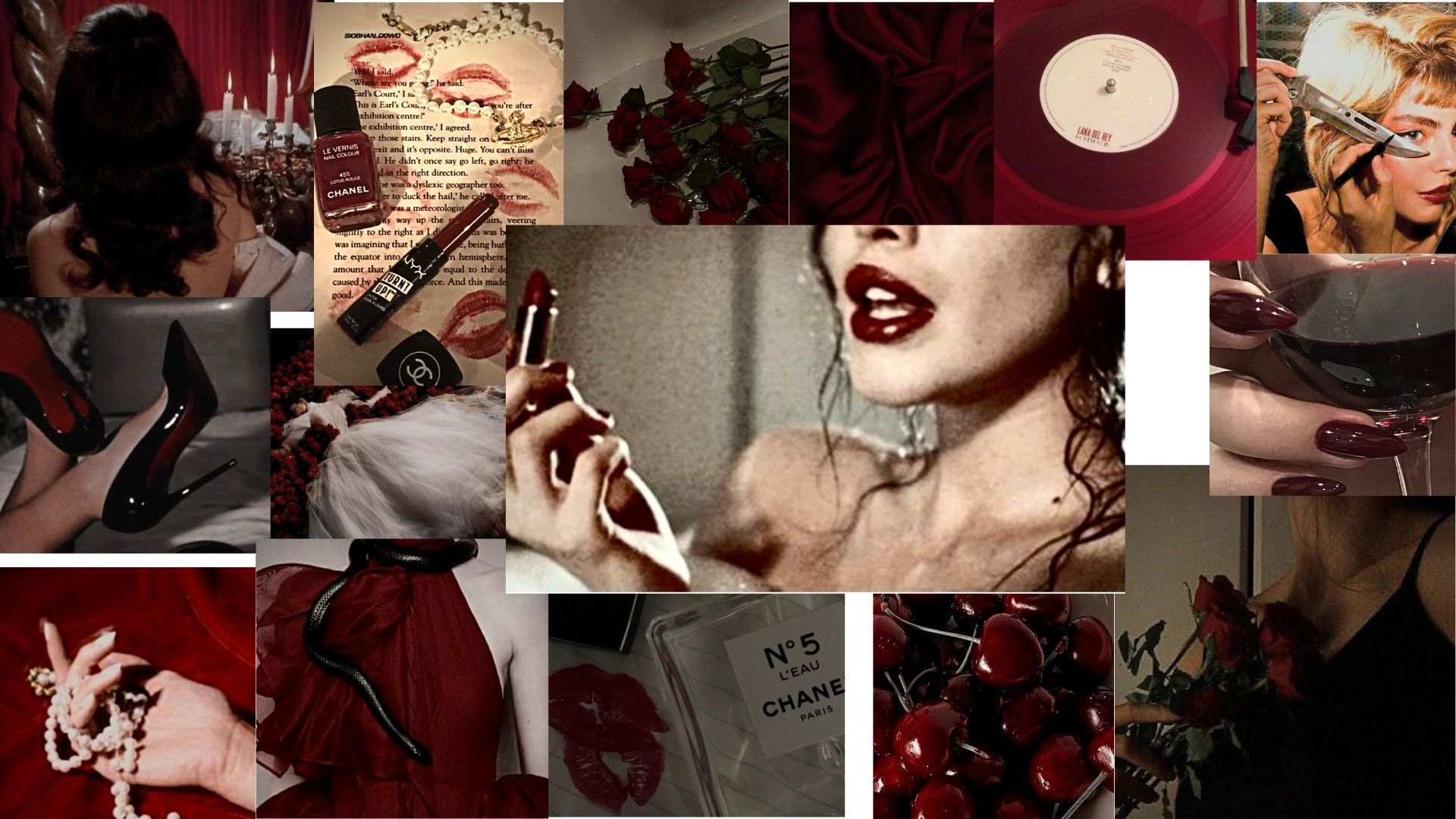 Collage, Roter Lippenstift, Chanel No. 5, Rosen, Dunkelrot, Femme fatale, Full HD, Laptop-Hintergrundbild