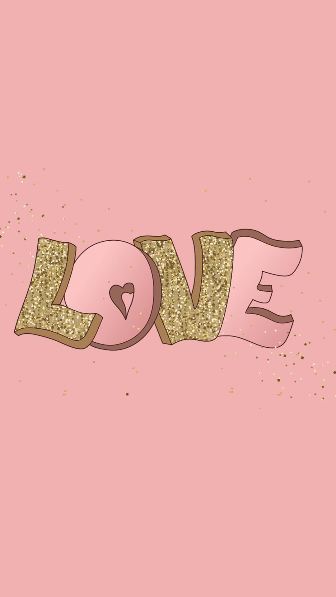 Love, Glitzerschrift, Gold, Rosa Hintergrund, Typografie, Sperrbildschirm fürs iPhone