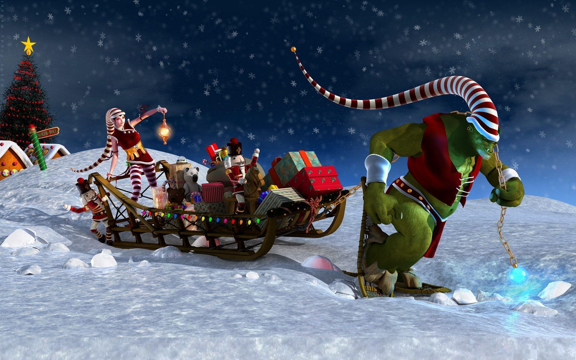 Grinch, Schlitten, Elf, Geschenke, Winternacht, Digitale Kunst, Full HD, MacBook-Hintergrundbild