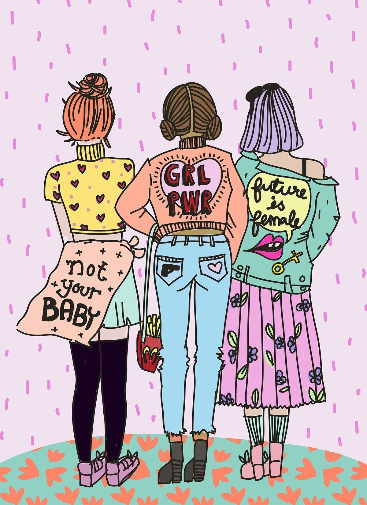 Frauen, Freundinnen, Girl Power, Illustration, Rückansicht, Full HD, Tablet-Hintergrund