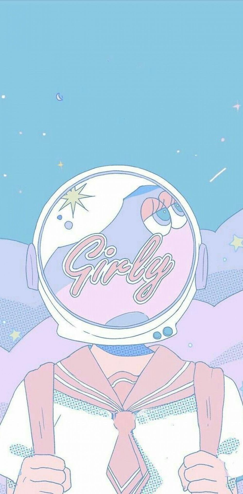 Illustration, Astronautenhelm, Wolken, Hellblau, Pastellfarben, Matrosenkragen, iPhone-Hintergrundbild