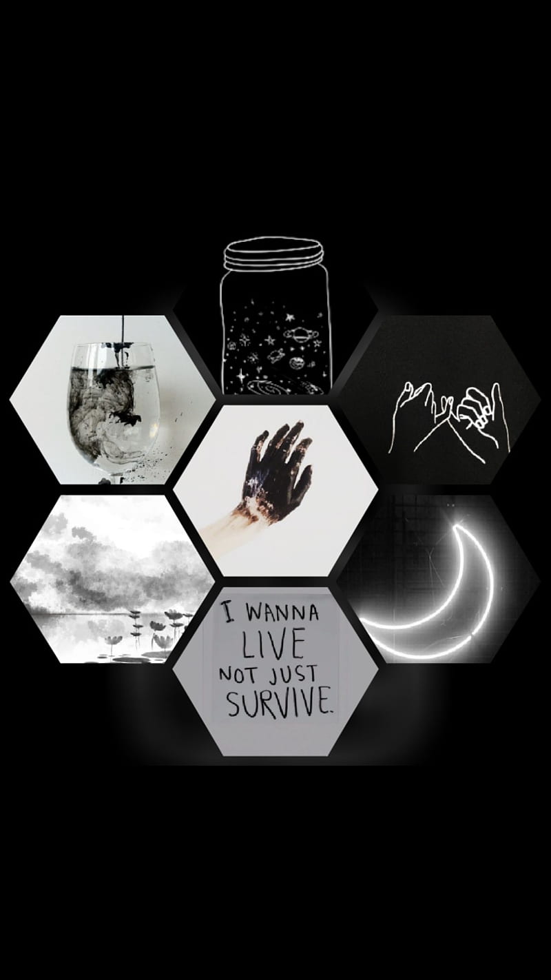Sechsecke, Collage, Schwarz-Weiß, Mond, Spruch, Hintergrundbild für iPhone und Android