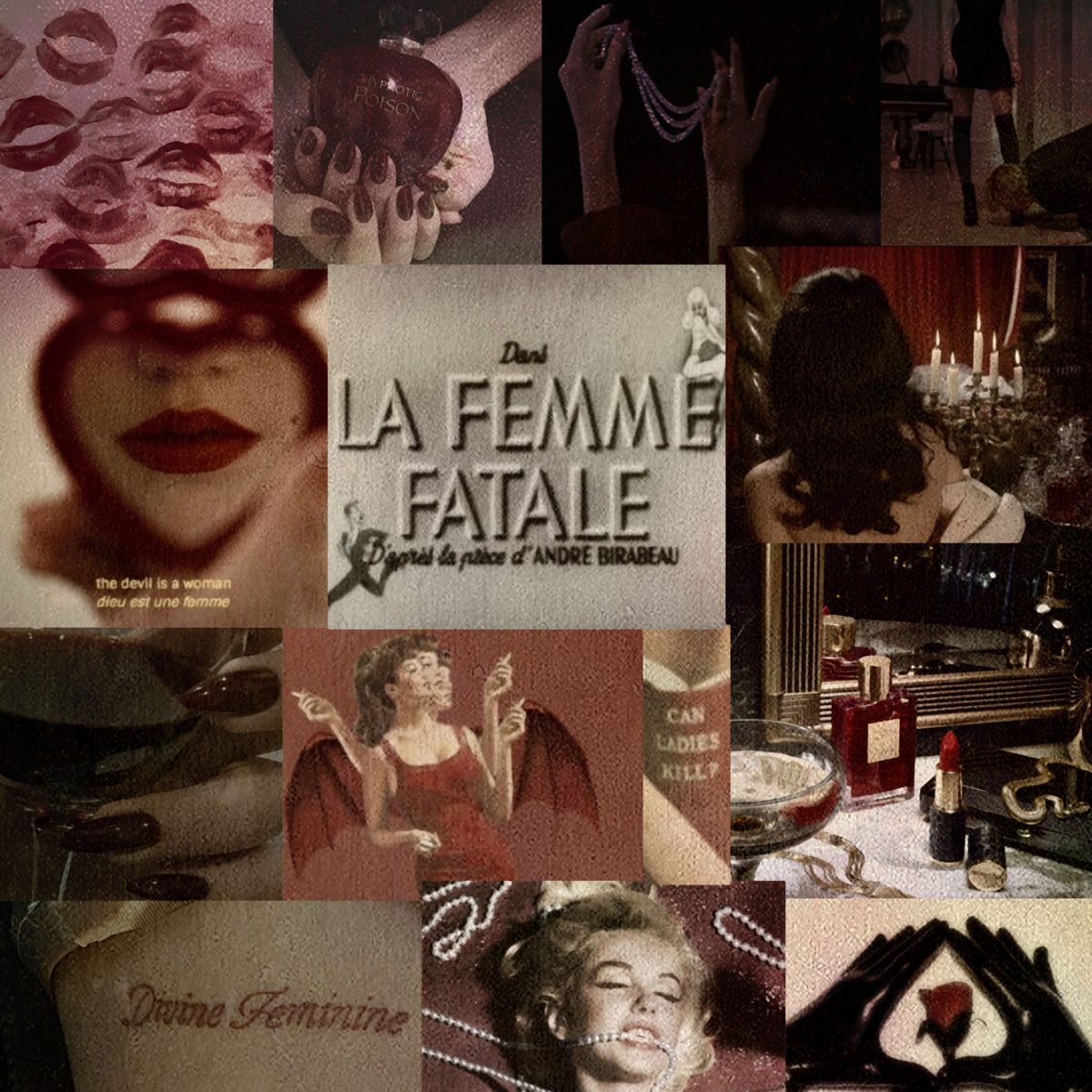 La Femme Fatale, Collage, Rote Lippen, Vintage, Dunkelrot, Hintergrundbild fürs iPad