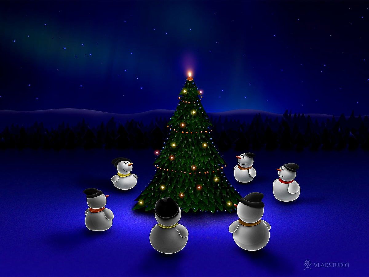 Weihnachtsbaum, Schneemänner, Polarlicht, Nacht, 3D, Hintergrundbild für iPad und Tablet