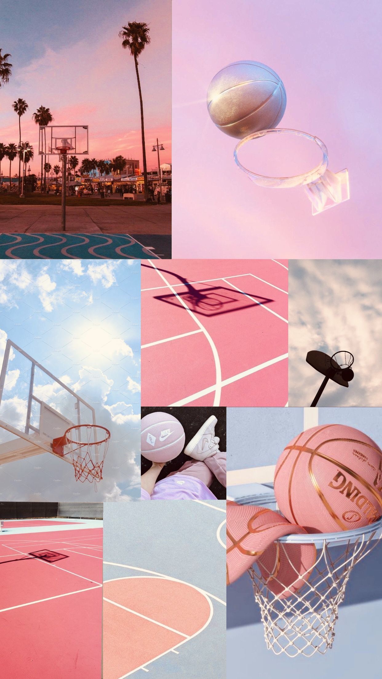 Collage, Ästhetik, Palmen, Rosa-Blau, Pastellfarben, Basketball, Sperrbildschirm fürs iPhone