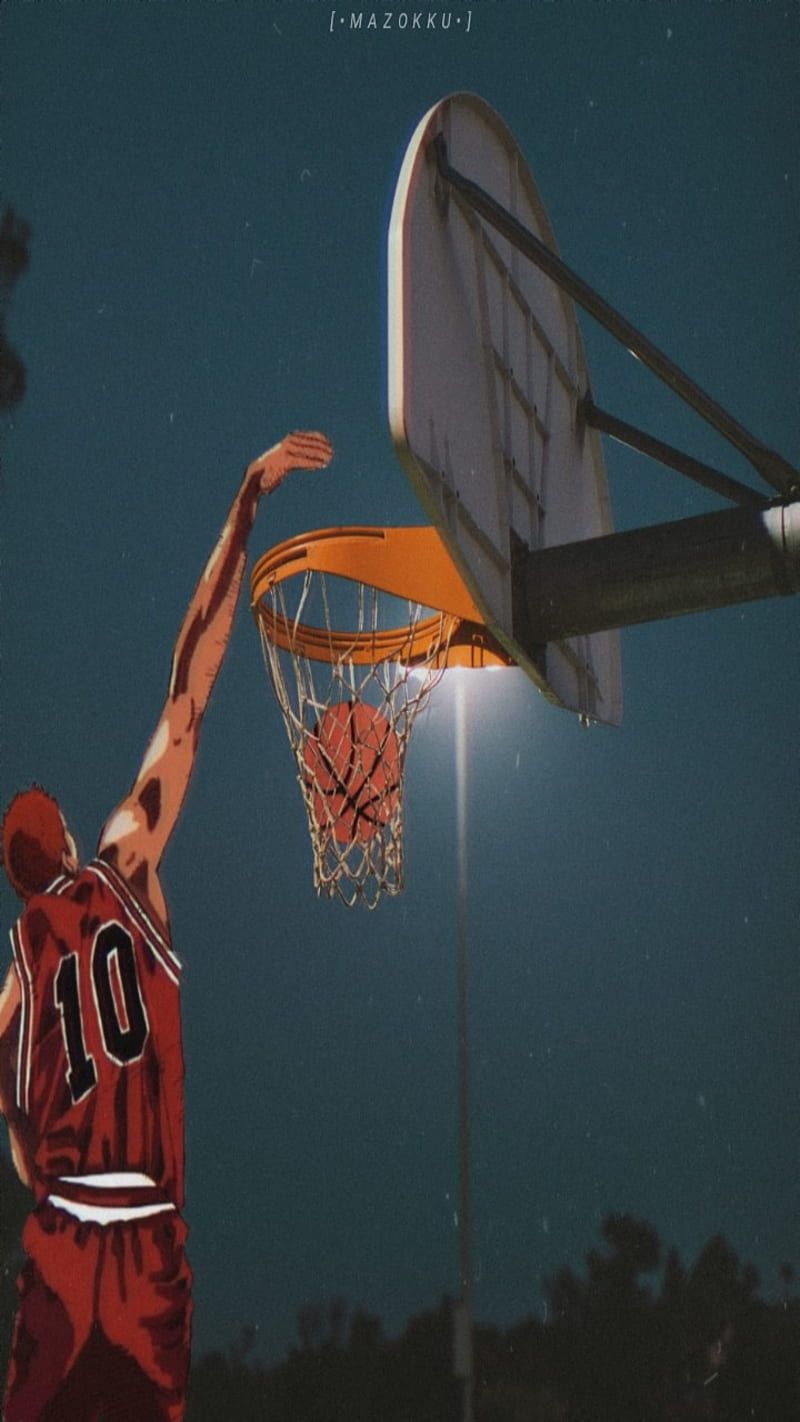 Basketballspieler, Rückennummer 10, Rotes Trikot, Dunking, Nachthimmel, HD, iPhone-Hintergrundbild