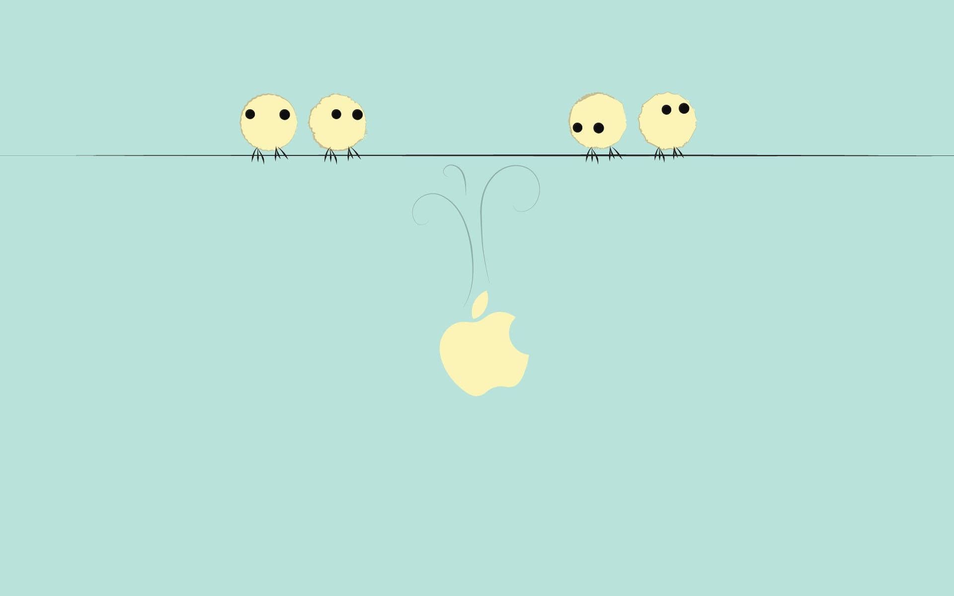 Apple-Logo, Vögel, Stromleitung, Cartoon, Mintgrün, 16:10, Full-HD-Hintergrundbild für den Desktop