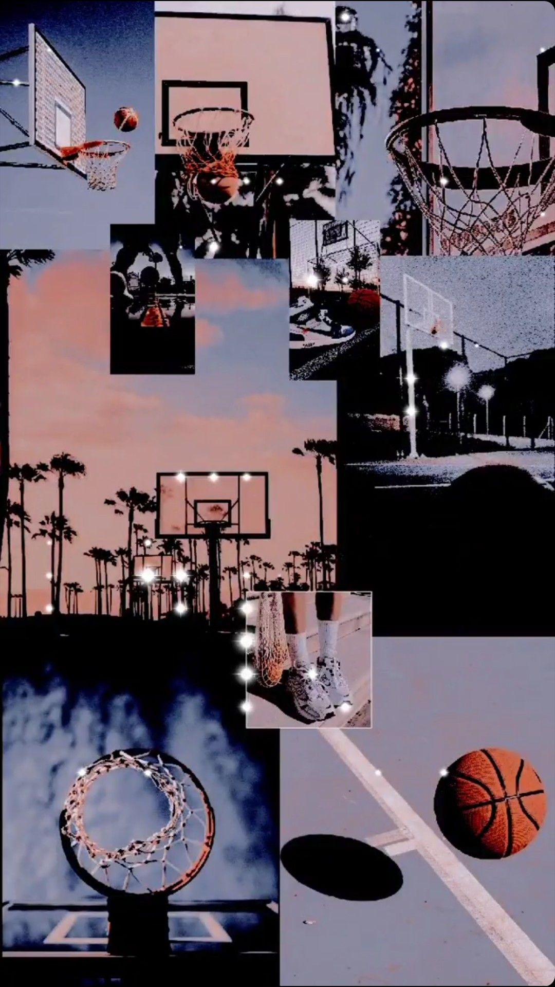 Collage, Schwarz-Weiß, Basketballkörbe, Ästhetik, Ball, Full HD, Handy-Hintergrund im Hochformat