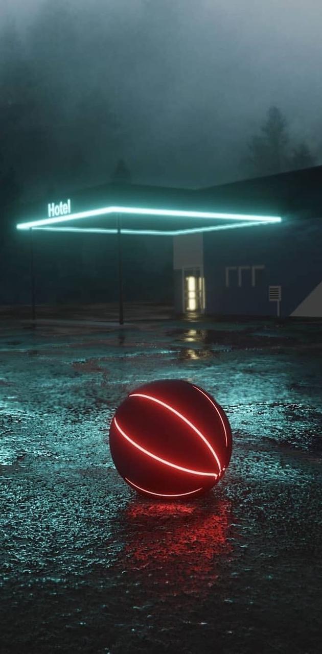 Basketball, Neonlicht, Leuchtender Ball, Nebel, Nasser Boden, Nacht, Android-Hintergrundbild