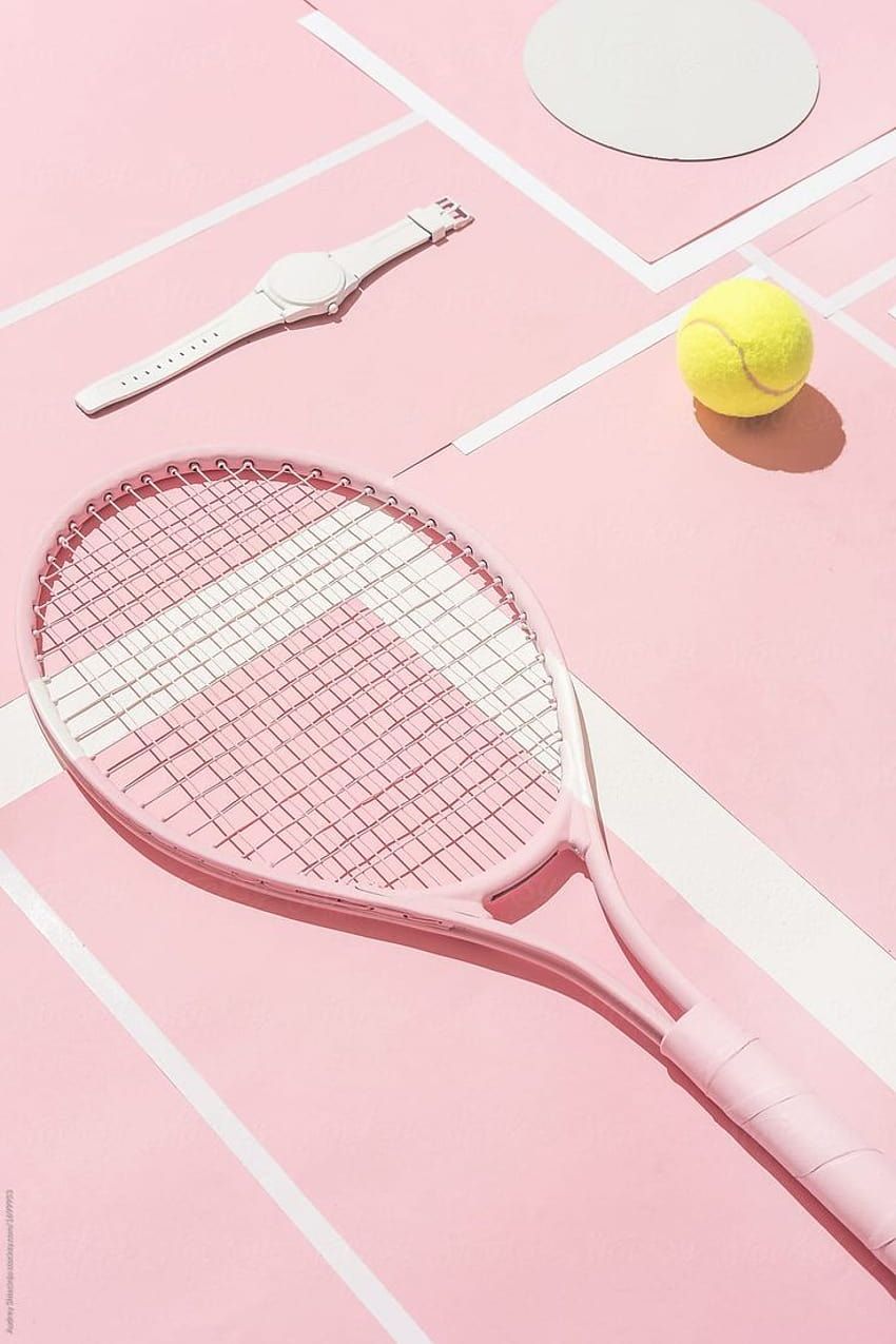 Tennisschläger, Tennisball, Rosa Platz, Minimalismus, Draufsicht, HD, Handy-Hintergrund