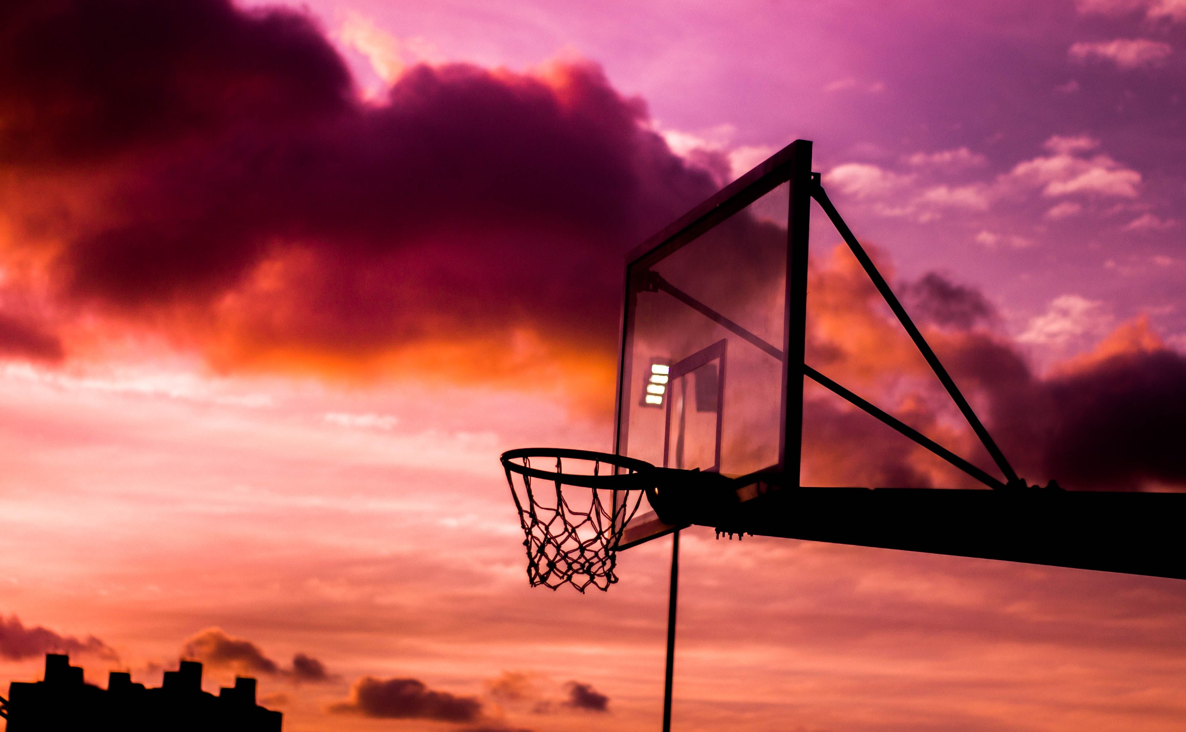 Basketballkorb, Silhouette, Dramatischer Himmel, Rosa Wolken, Sonnenuntergang, 4K Wallpaper
