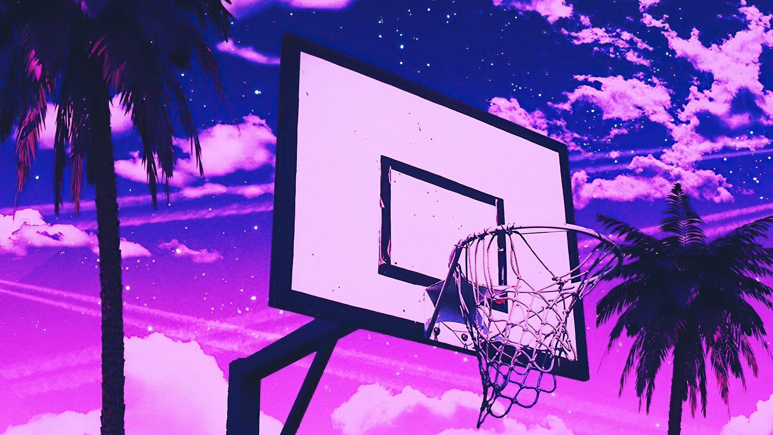 Basketballkorb, Palmen, Lila Himmel, Vaporwave, Anime-Stil, 2K, PC-Hintergrundbild