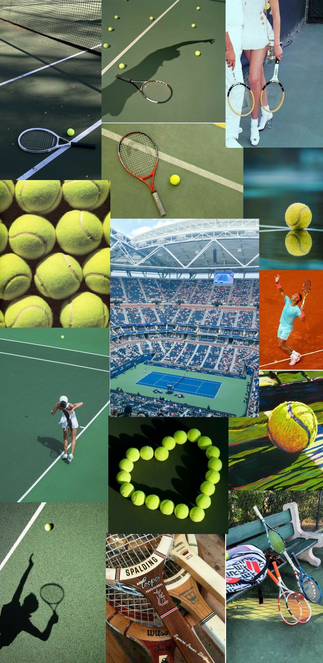 Collage, Tennisbälle, Herz, Tennisstadion, Ästhetik, Hintergrundbild für iPhone und Android
