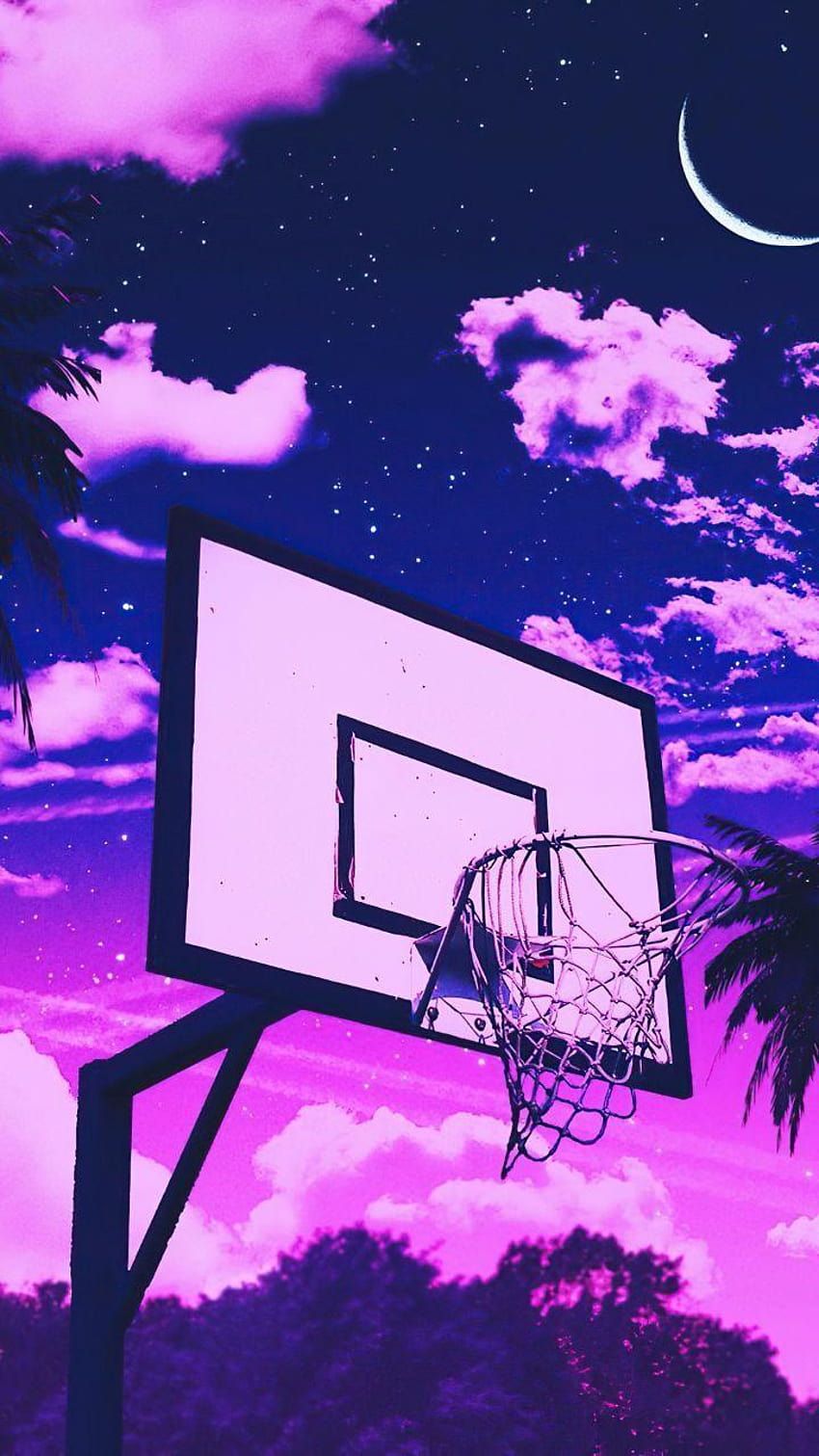 Basketballkorb, Lila Himmel, Mond, Wolken, Anime-Stil, HD, Hintergrundbild fürs Handy