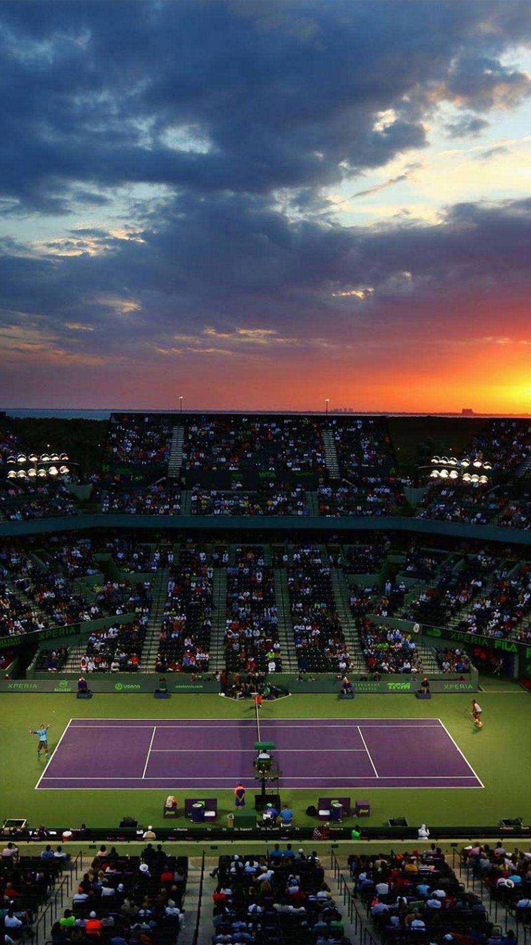 Tennisstadion, Sonnenuntergang, Zuschauer, Lila Platz, Wolken, Android-Hintergrundbild
