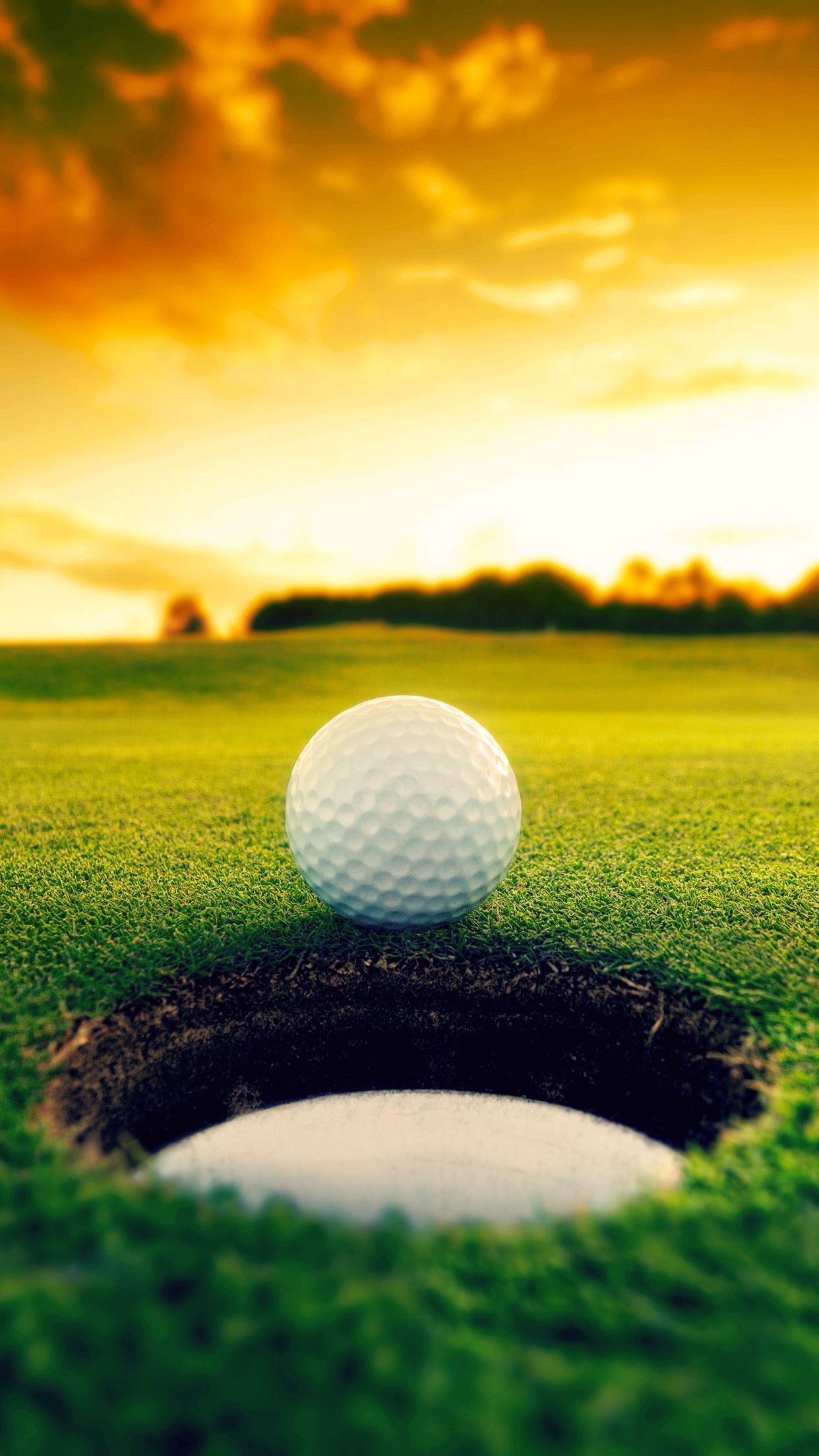 Golfball, Golfloch, Sonnenuntergang, Grün, Full HD, Handy-Hintergrund im Hochformat