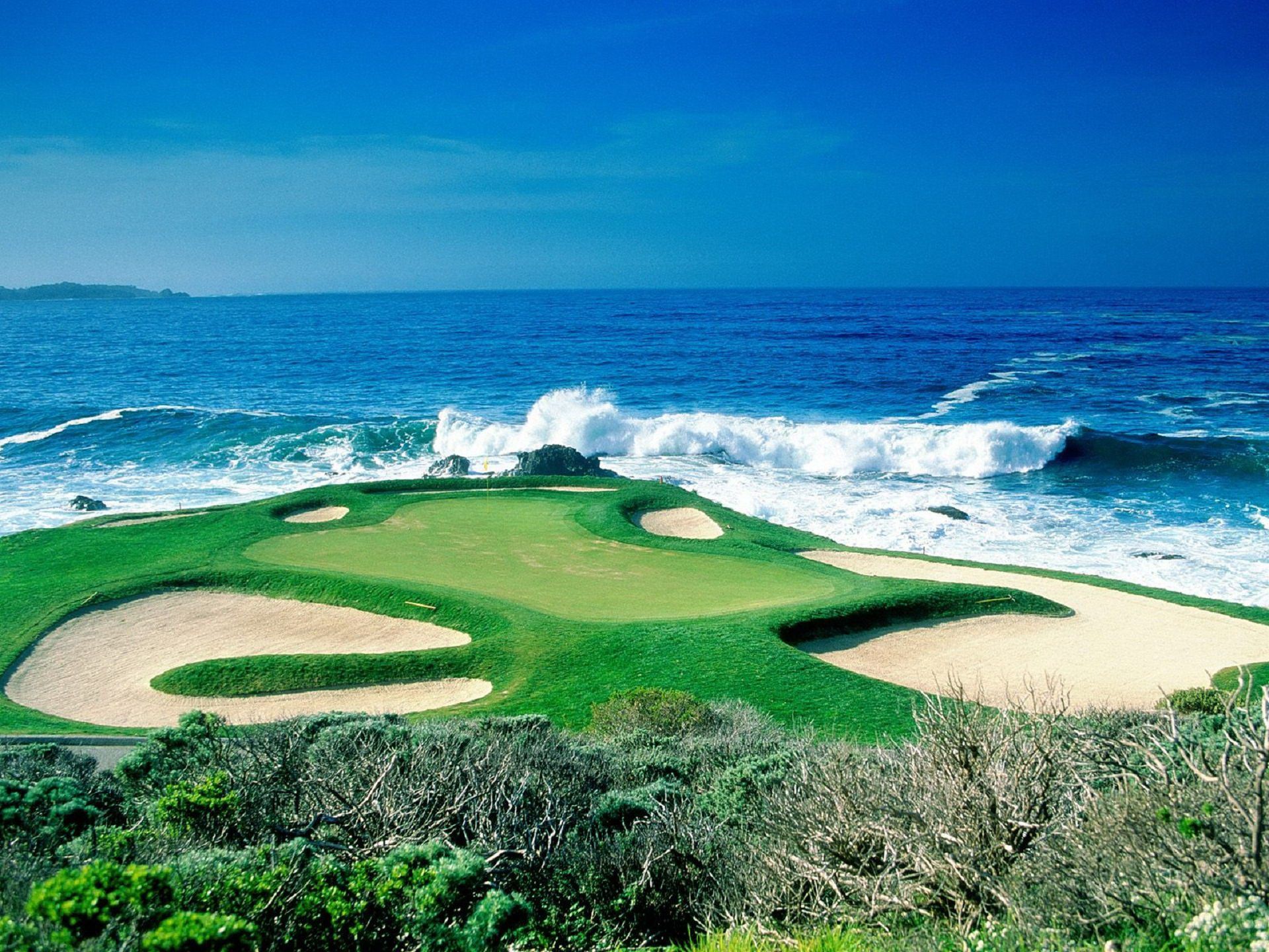 Pebble Beach, Golfplatz, Meer, Bunker, Küste, Brandung, Full HD, Hintergrundbild fürs Tablet