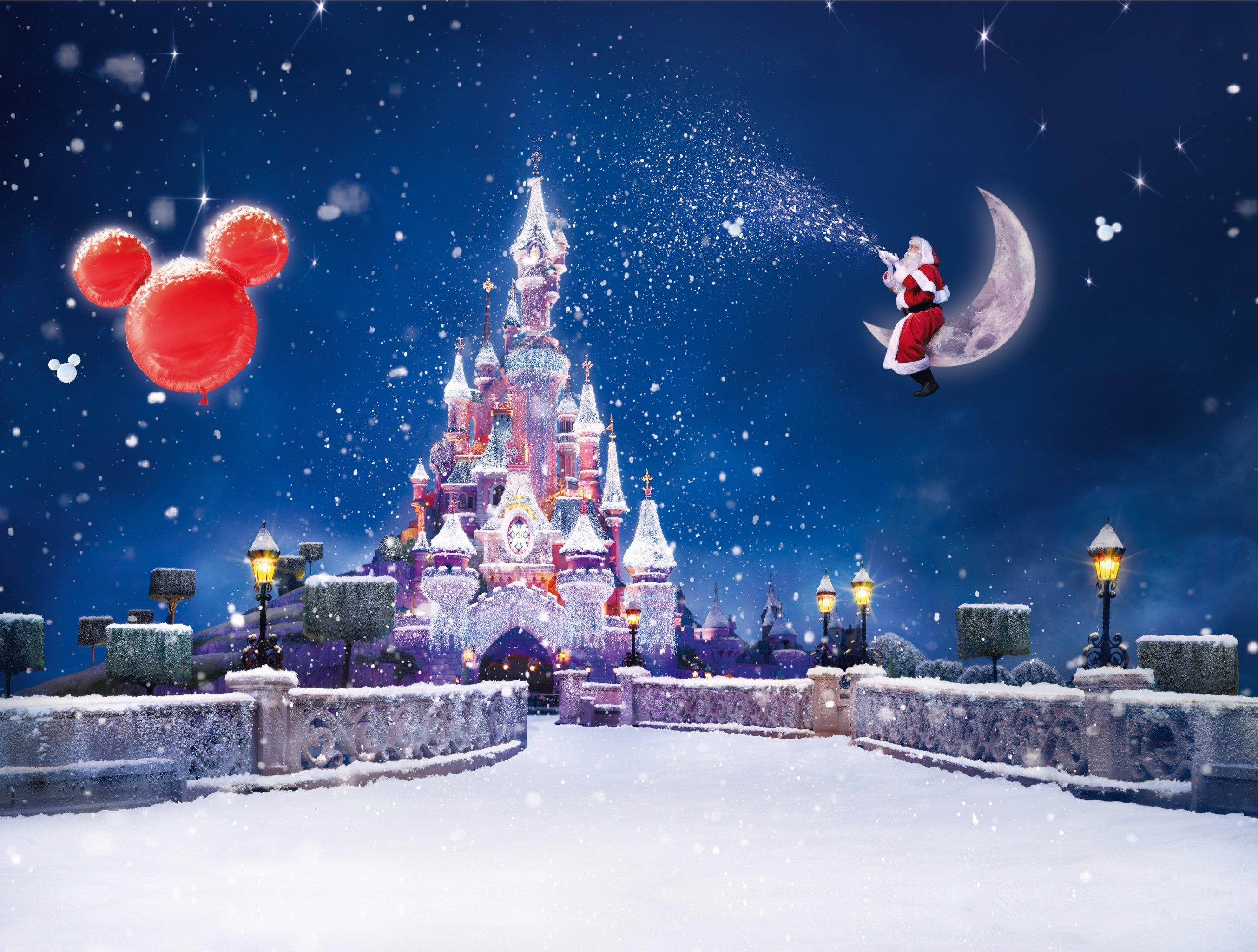 Disneyland, Dornröschenschloss, Weihnachtsmann, Mond, Micky-Maus-Ballon, Winternacht, Tablet-Hintergrundbild
