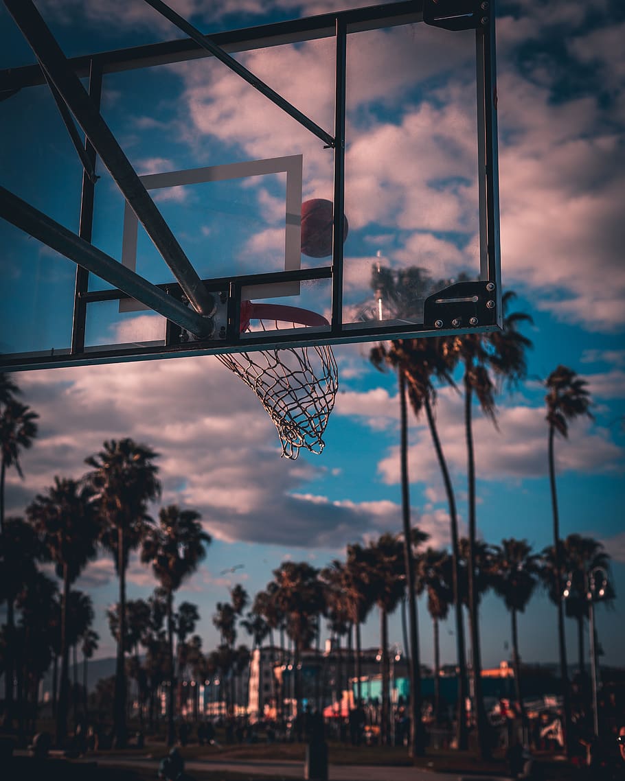 Basketballkorb, Palmen, Glasbrett, Froschperspektive, Wolken, Hintergrundbild fürs Tablet