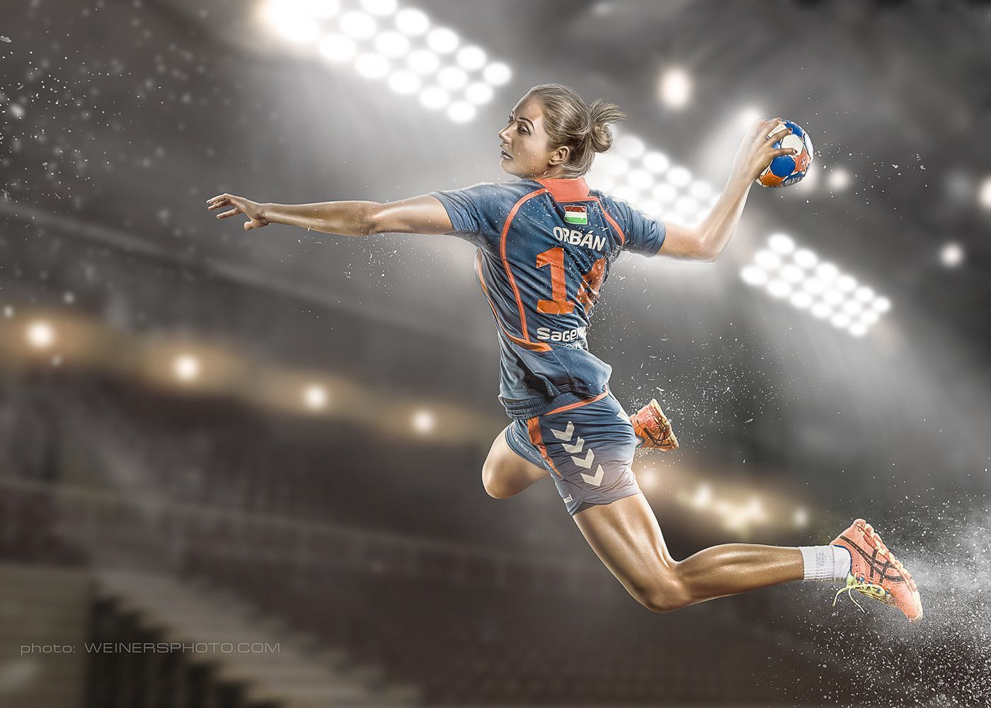 Handballspielerin, Sprungwurf, Stadion, Flutlicht, Dynamik, HD, Windows-Hintergrundbild