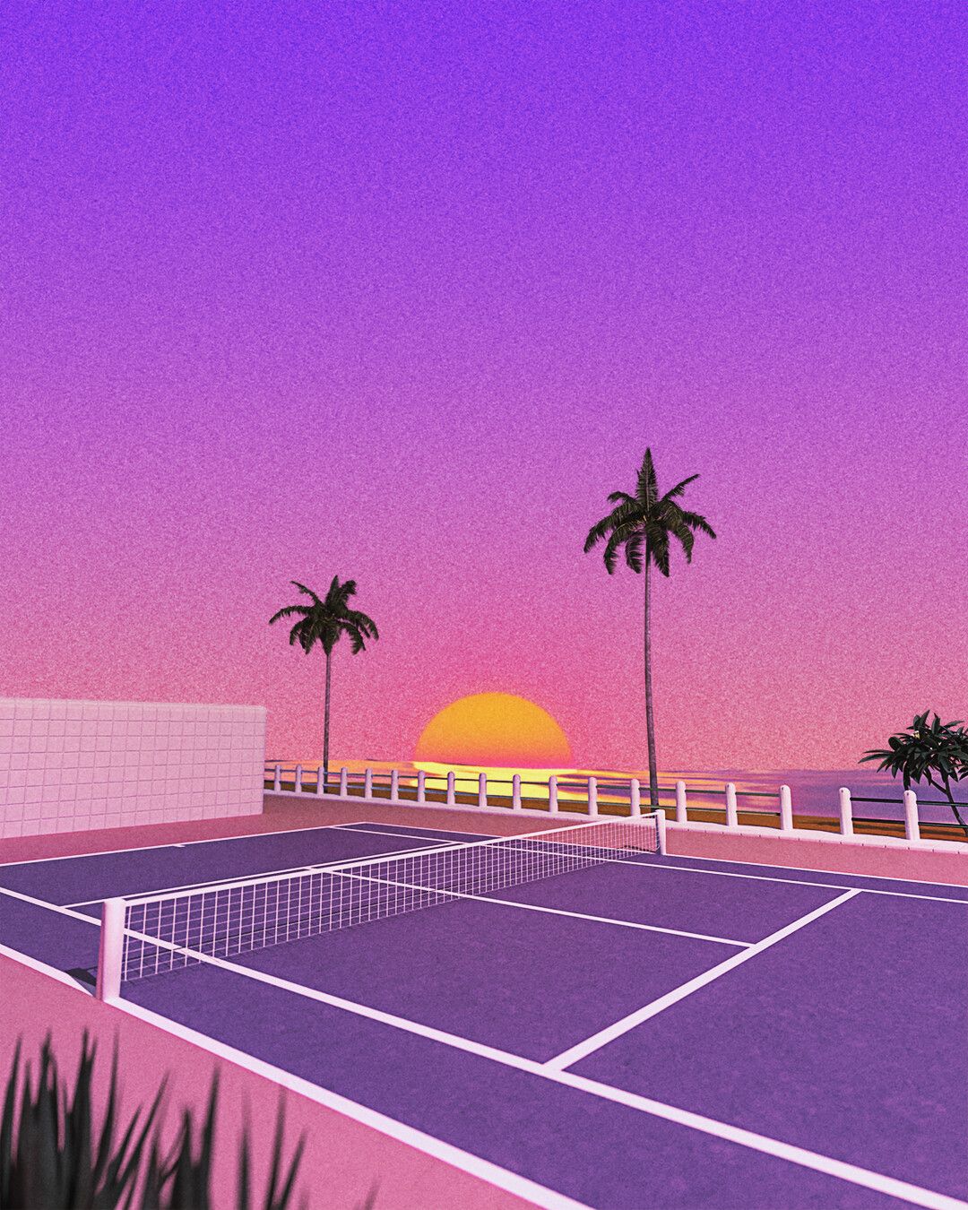 Tennisplatz, Palmen, Sonnenuntergang, Lila Himmel, Illustration, Full HD, iPad-Hintergrundbild